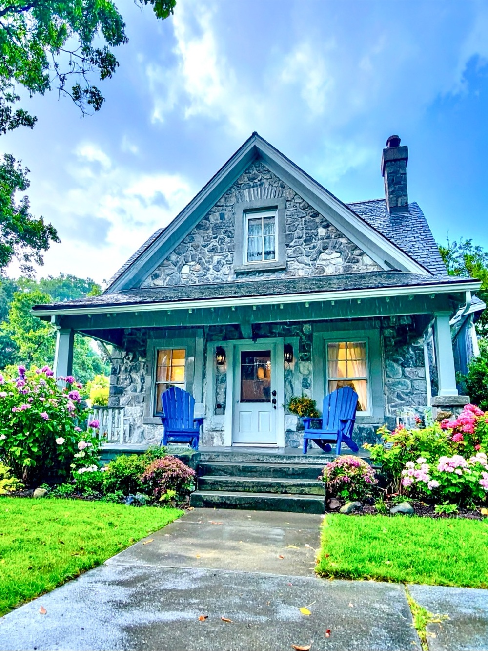 Blue Adirondack Chairs at Stone Cottage - Home Art Photography Print